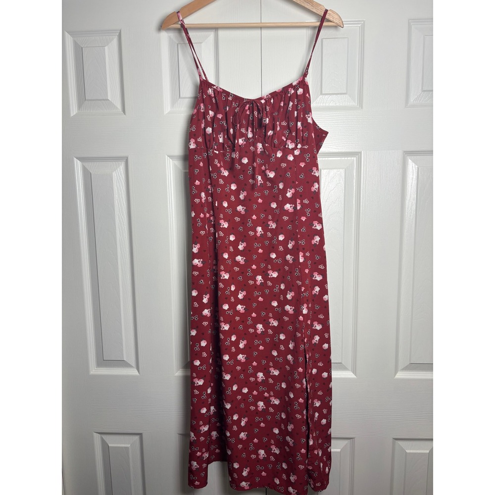 SHEIN Burgundy Floral Midi Dress XL Sweetheart Neck Tie Front Slit Strappy